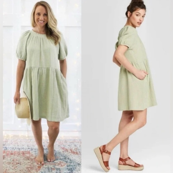 Universal Thread|Sage Green Baby doll Smocked Dress in gauze cotton•Beachy boho - Picture 1 of 15
